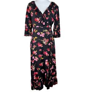 Lulus Black Floral Wrap Midi Dress Small Ruffle Sleeve Boho Rayon S